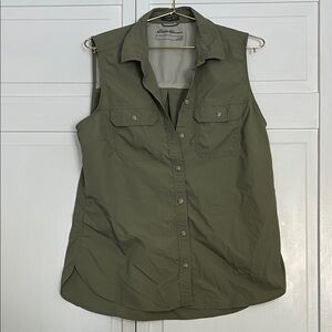 Eddie Bauer Olive Green Sleeveless Button-Down Utility Shirt